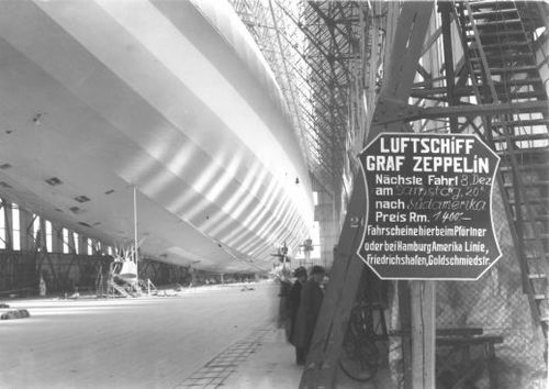 Die historische Aufnahme zeigt eine Luftschiffhalle in der ein Zeppelin steht. Rechts im Bild befindet sich ein Schild auf dem Informationen zu den Abfahrtszeiten stehen.
